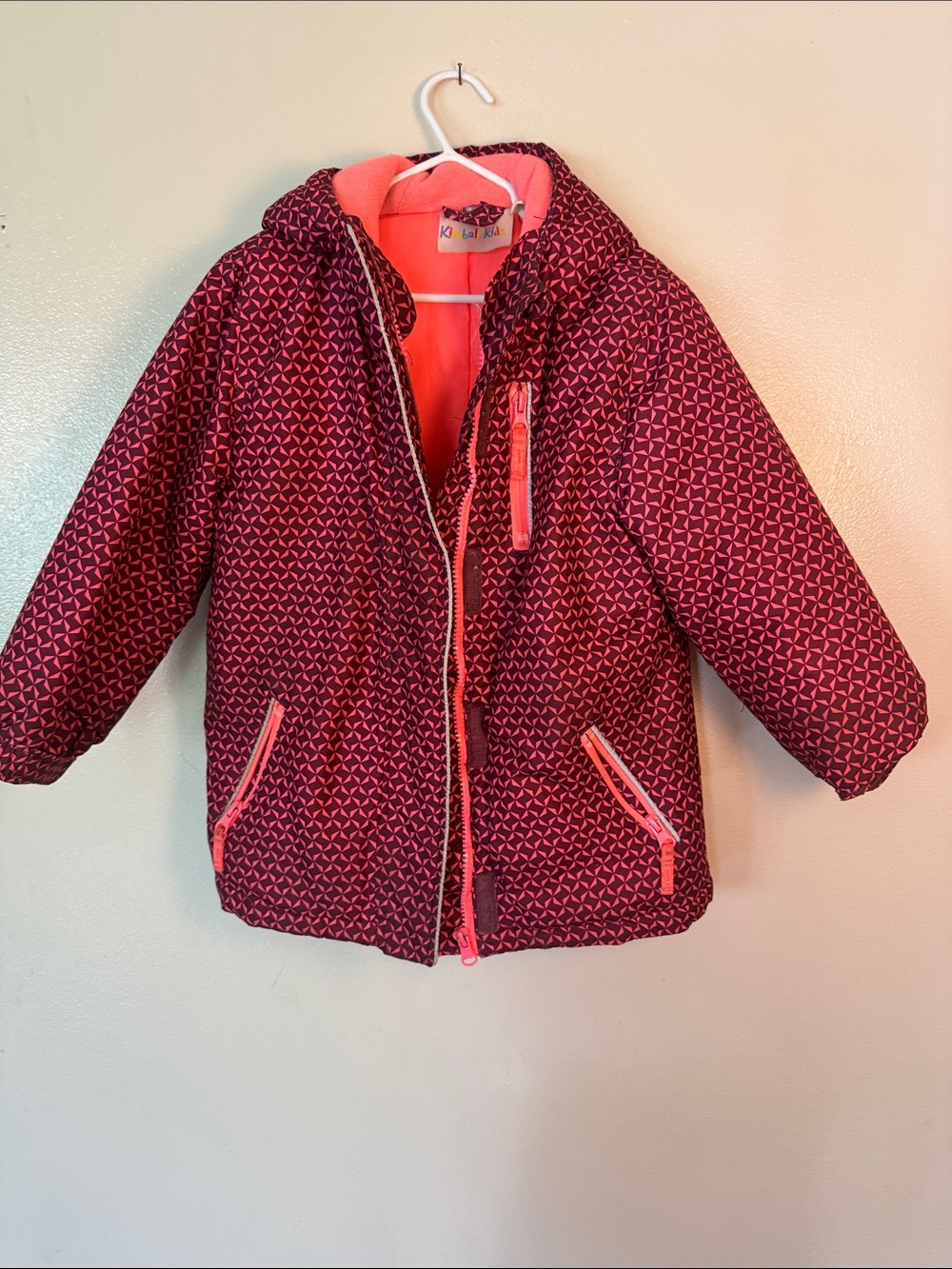 Kids Pink Patterned Hooded Winter Jacket
